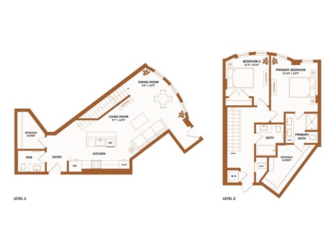 A floor plan of a two-story house with a living room, dining room, kitchen, and two bedrooms.